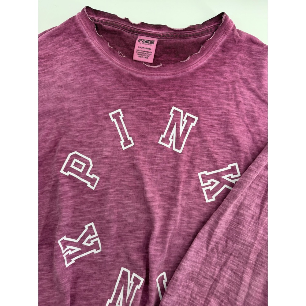 Victorias Secret PINK Long Sleeve Graphic Tee Magenta Purple Distressed Small